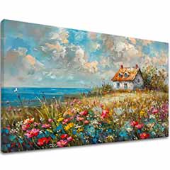 Η εικόνα ενός τοπίου σε καμβά Country house in flowers | Ακρυλικό λεπτομέρειες
