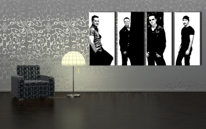 Χειροποιητοι πινακες σε καμβα POP Art U2 in Black σε 4 κομματια 
